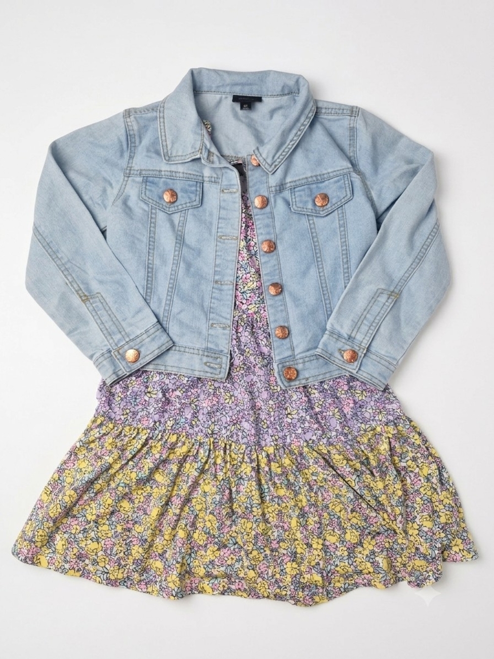 Picapino Girls 6X Outfit Set Light Denim Butterfly Jacket Floral Tiered Dress